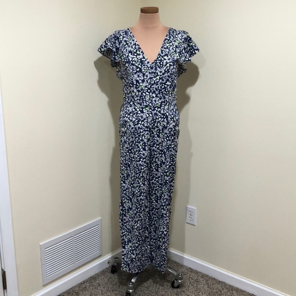 Tanya Taylor Avalon Jumpsuit Size 0 Blue Floral Linen Blend Ruffle Wide Leg - Picture 3 of 14